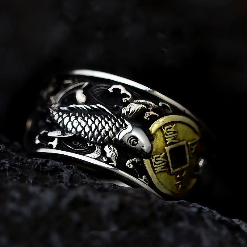 Wear FengShui Adjustable Opening 925 Sterling Silver Lucky Koi Fish Copper Coin Auspicious Clouds Wealth Ring