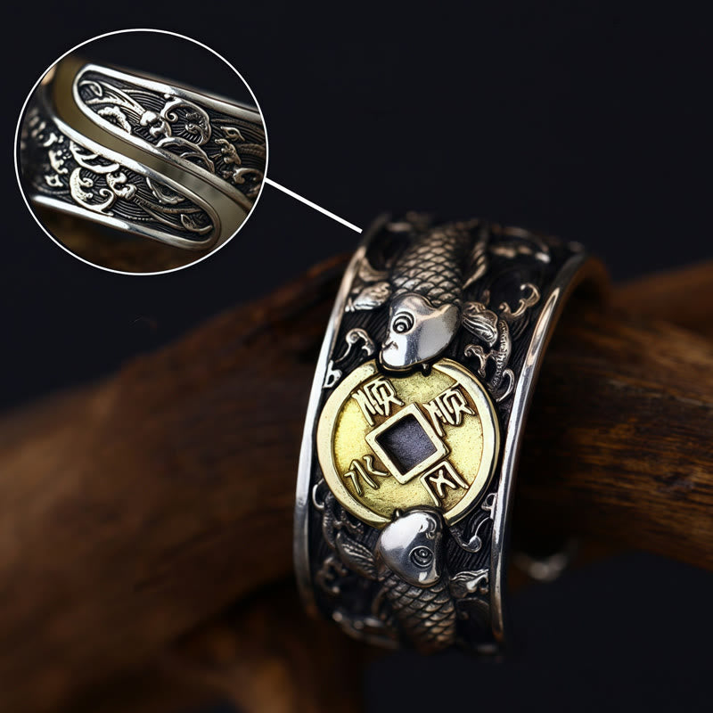 Wear FengShui Adjustable Opening 925 Sterling Silver Lucky Koi Fish Copper Coin Auspicious Clouds Wealth Ring