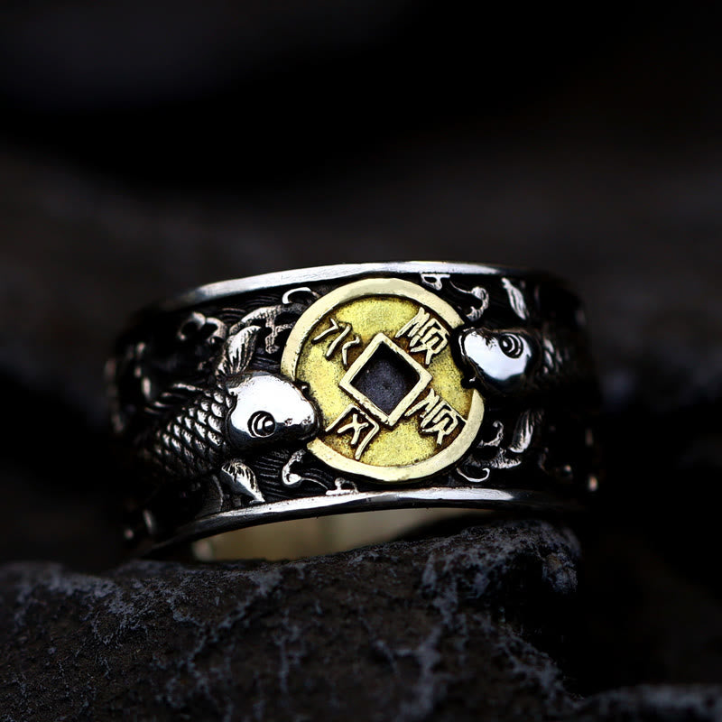 Wear FengShui Adjustable Opening 925 Sterling Silver Lucky Koi Fish Copper Coin Auspicious Clouds Wealth Ring