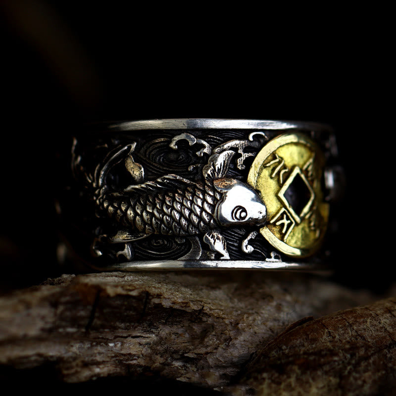Wear FengShui Adjustable Opening 925 Sterling Silver Lucky Koi Fish Copper Coin Auspicious Clouds Wealth Ring