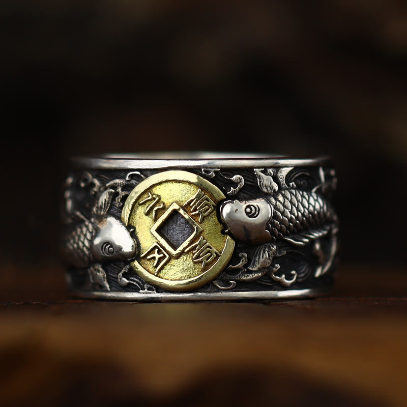 Wear FengShui Adjustable Opening 925 Sterling Silver Lucky Koi Fish Copper Coin Auspicious Clouds Wealth Ring