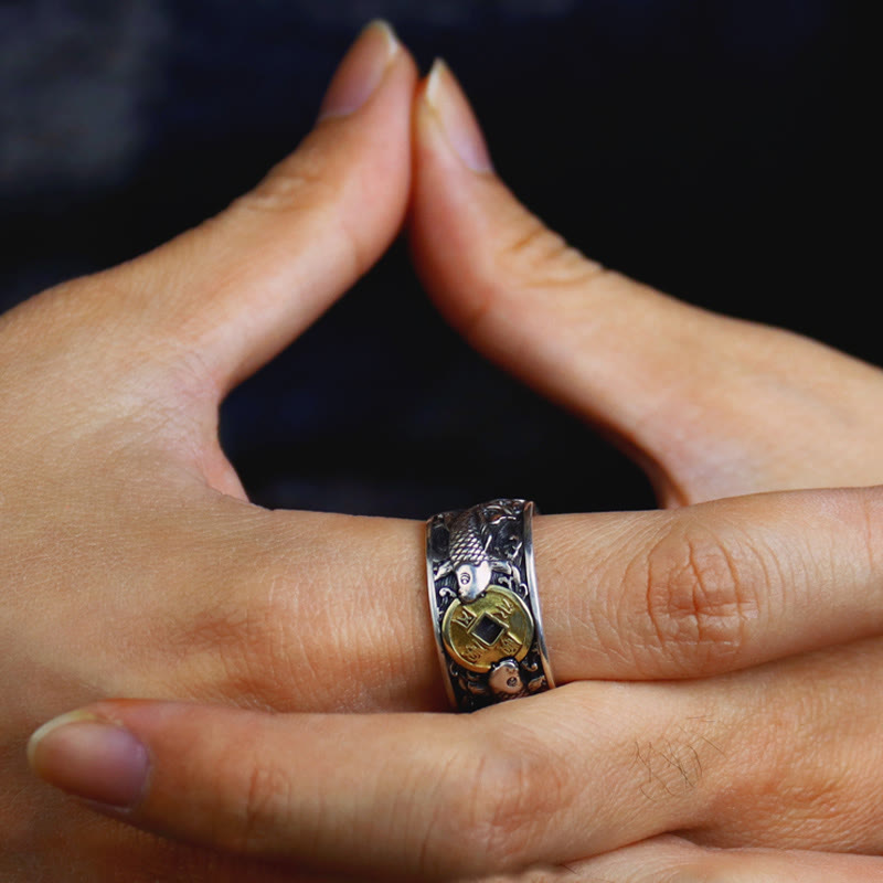 Wear FengShui Adjustable Opening 925 Sterling Silver Lucky Koi Fish Copper Coin Auspicious Clouds Wealth Ring