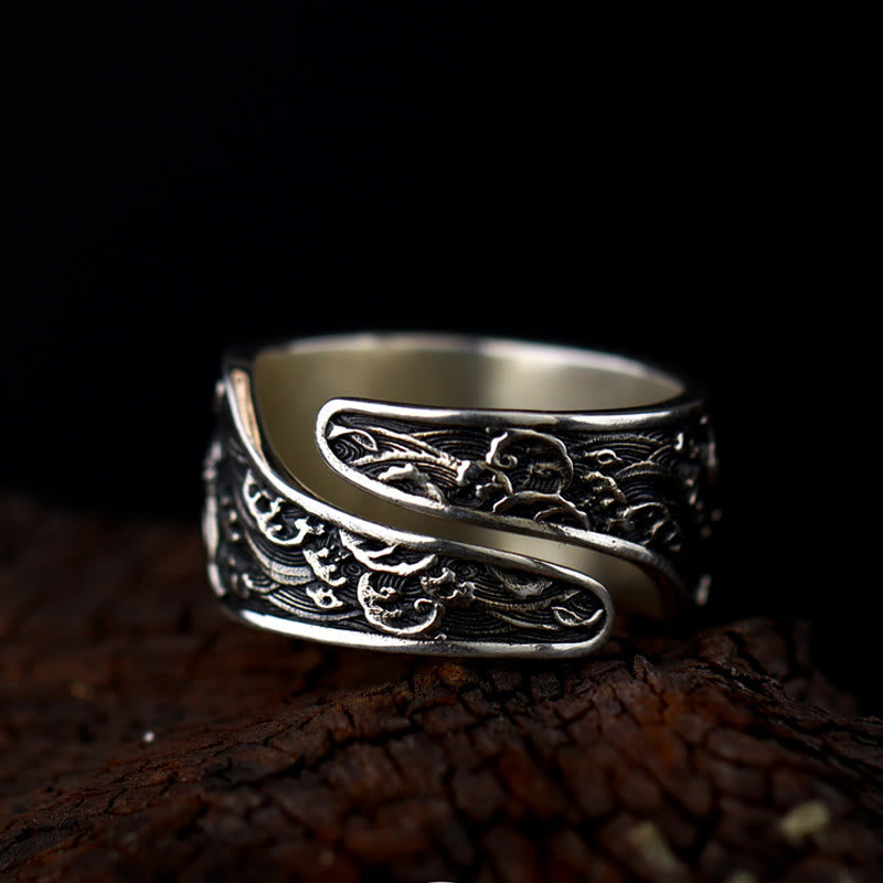 Wear FengShui Adjustable Opening 925 Sterling Silver Lucky Koi Fish Copper Coin Auspicious Clouds Wealth Ring