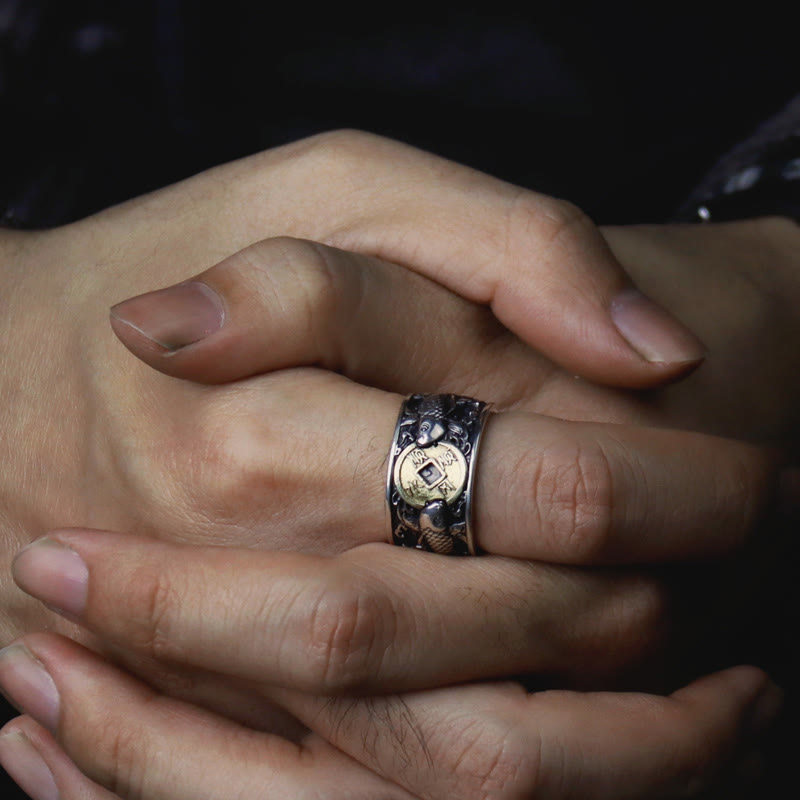Wear FengShui Adjustable Opening 925 Sterling Silver Lucky Koi Fish Copper Coin Auspicious Clouds Wealth Ring
