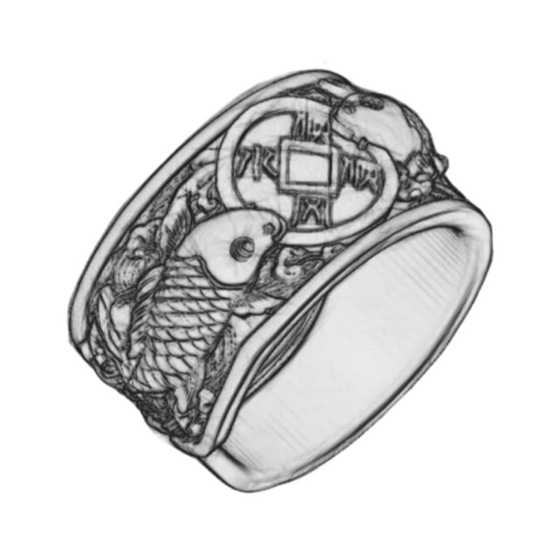 Wear FengShui Adjustable Opening 925 Sterling Silver Lucky Koi Fish Copper Coin Auspicious Clouds Wealth Ring