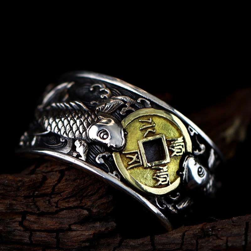 Wear FengShui Adjustable Opening 925 Sterling Silver Lucky Koi Fish Copper Coin Auspicious Clouds Wealth Ring