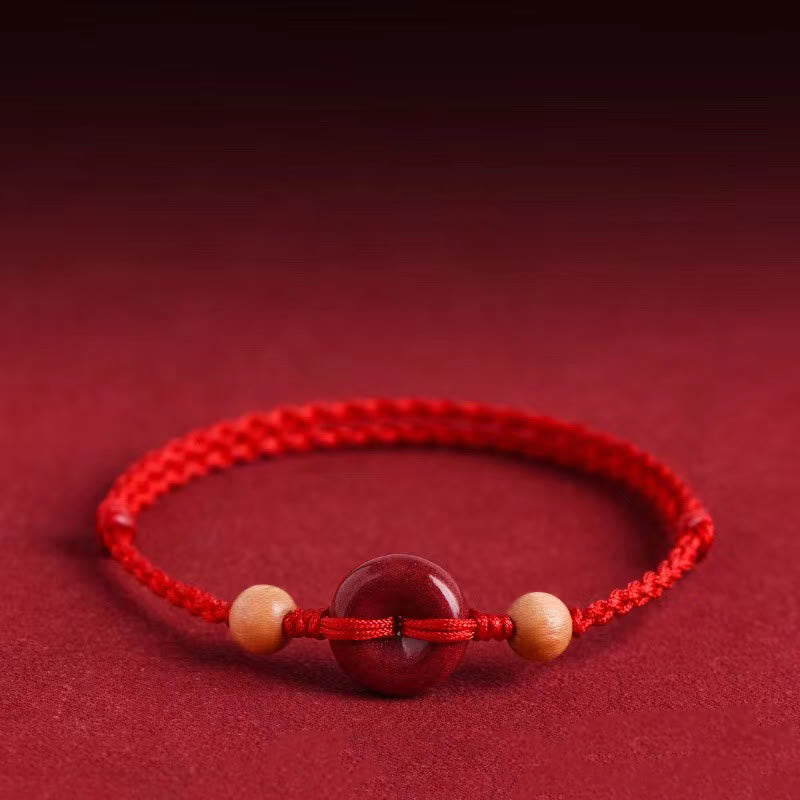 Wear FengShui Peach Wood Peace Buckle Cinnabar Wealth String Bracelet Anklet