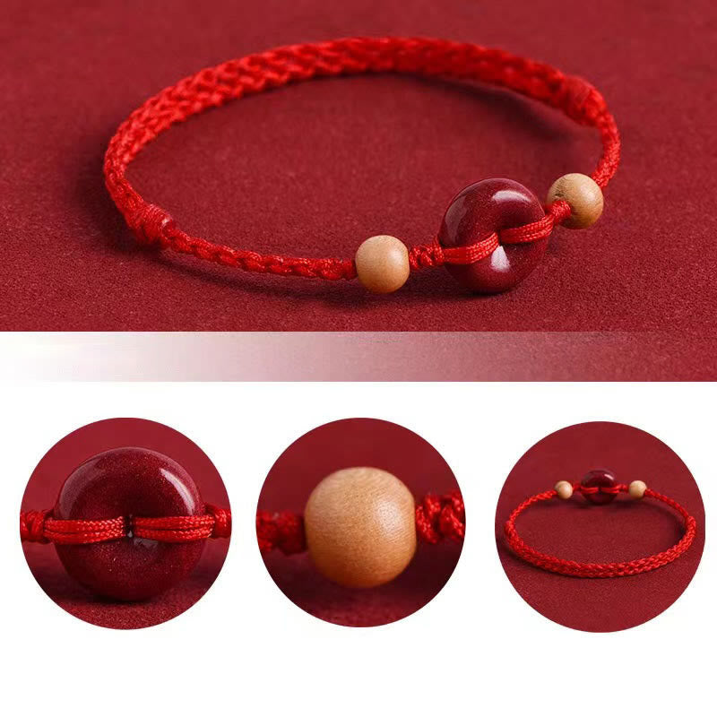Wear FengShui Peach Wood Peace Buckle Cinnabar Wealth String Bracelet Anklet