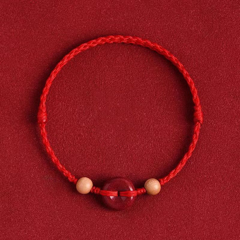 Wear FengShui Peach Wood Peace Buckle Cinnabar Wealth String Bracelet Anklet