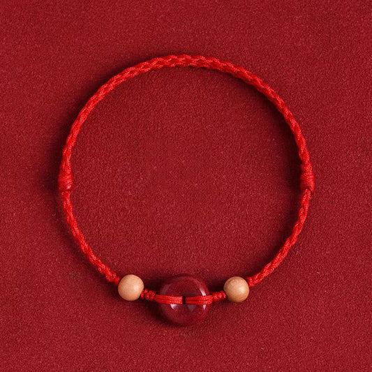 Wear FengShui Peach Wood Peace Buckle Cinnabar Wealth String Bracelet Anklet