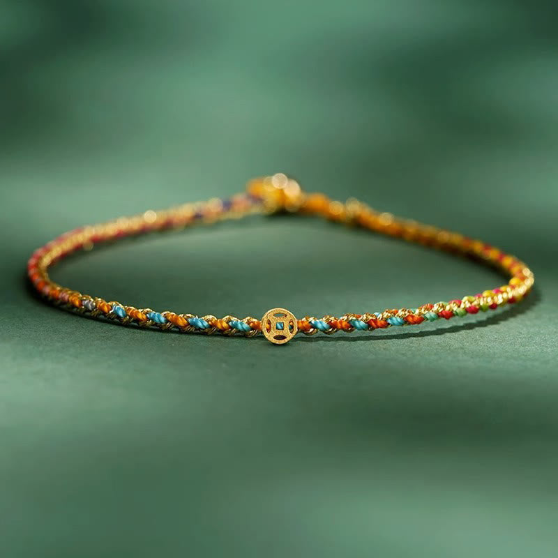 Wear FengShui Colorful Rope Luck Coin Bead Abundance Extra Thin Braided Bracelet