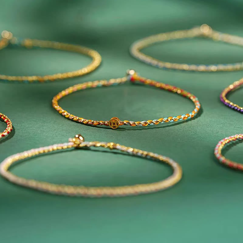 Wear FengShui Colorful Rope Luck Coin Bead Abundance Extra Thin Braided Bracelet