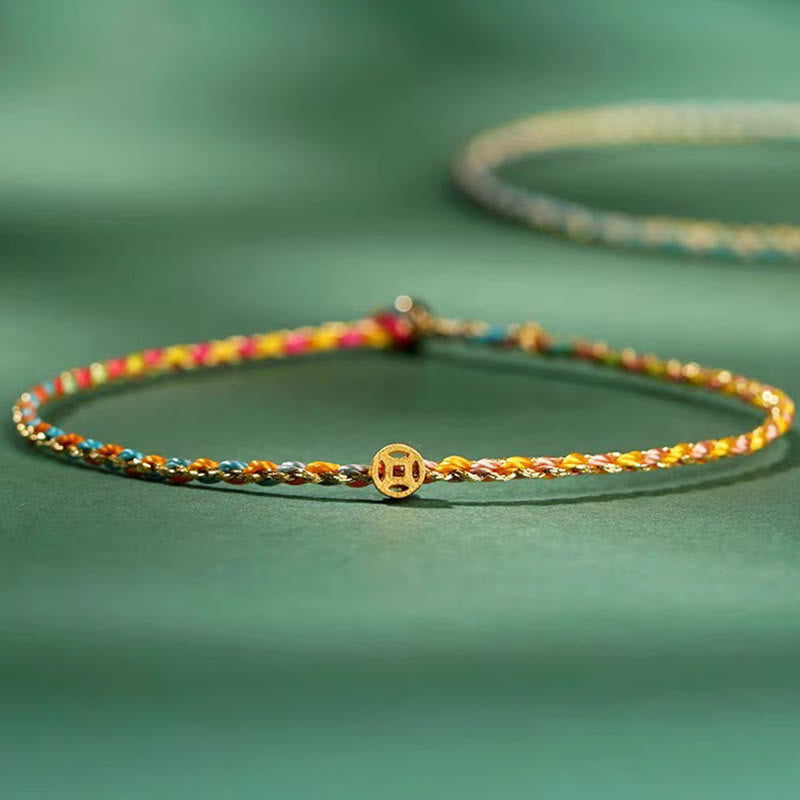 Wear FengShui Colorful Rope Luck Coin Bead Abundance Extra Thin Braided Bracelet