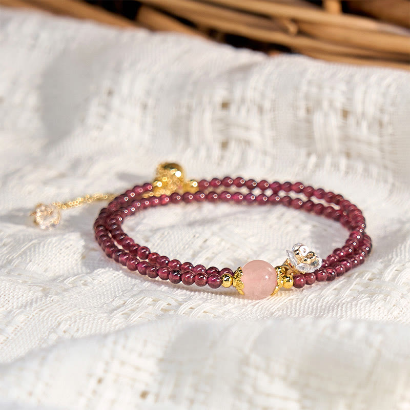 Wear FengShui Natural Flower Garnet Pink Crystal Calm Double Wrap Bracelet
