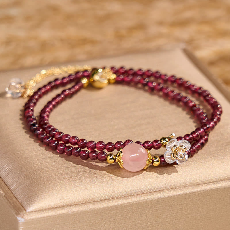 Wear FengShui Natural Flower Garnet Pink Crystal Calm Double Wrap Bracelet