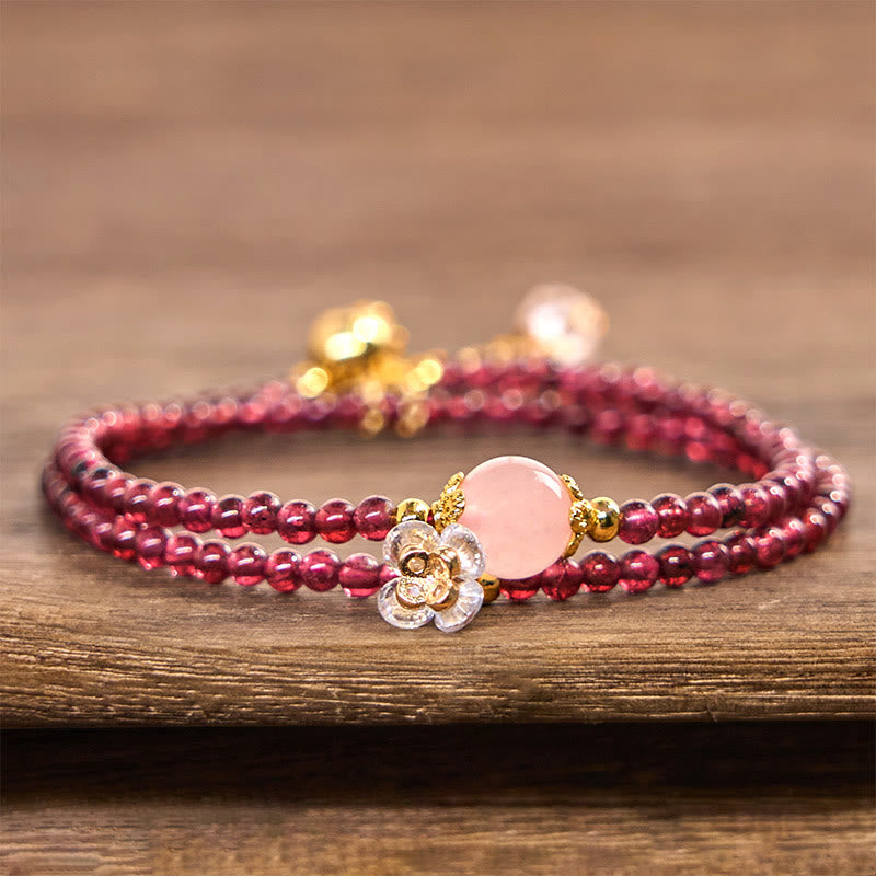 Wear FengShui Natural Flower Garnet Pink Crystal Calm Double Wrap Bracelet