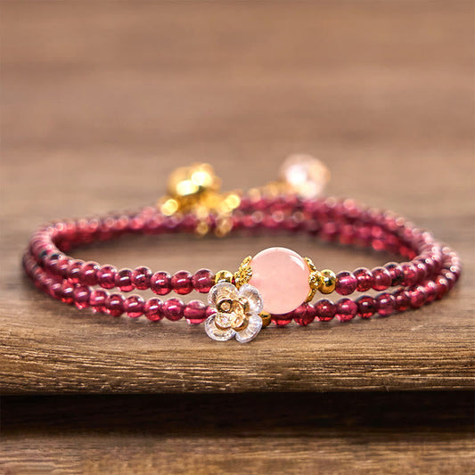 Wear FengShui Natural Flower Garnet Pink Crystal Calm Double Wrap Bracelet