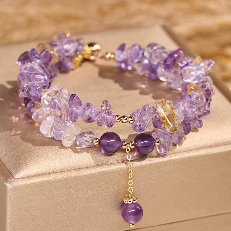 Wear FengShui Irregular Natural Amethyst Citrine Gravel Meditation Double Layer Bracelet