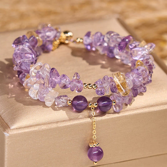 Wear FengShui Irregular Natural Amethyst Citrine Gravel Meditation Double Layer Bracelet