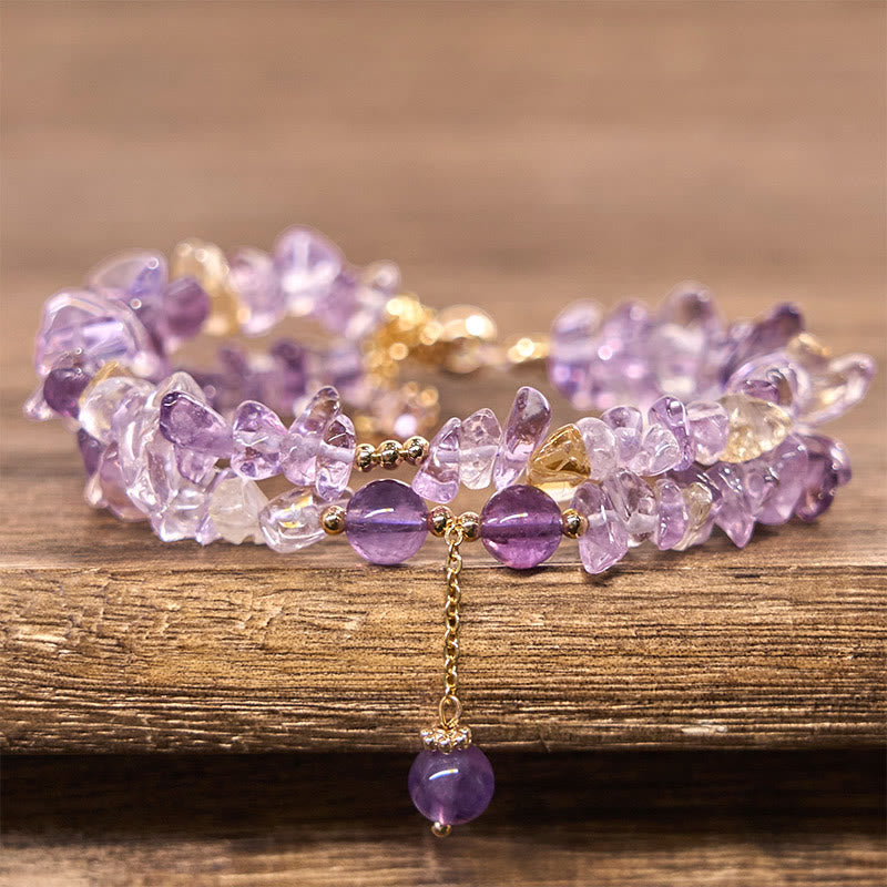 Wear FengShui Irregular Natural Amethyst Citrine Gravel Meditation Double Layer Bracelet