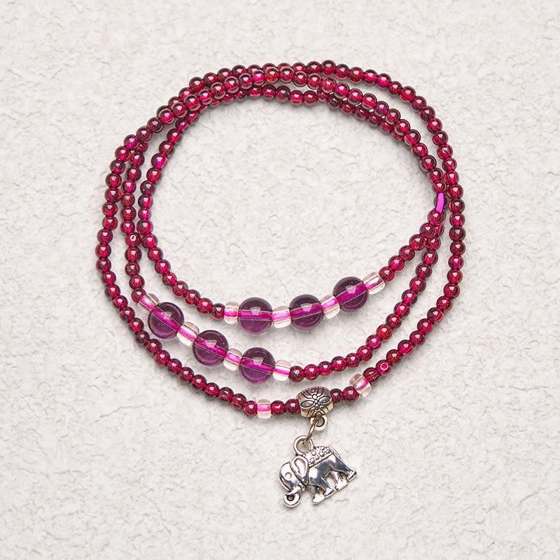 Wear FengShui Natural Garnet Elephant Abacus Lucky Bag PiXiu Protection Triple Wrap Bracelet