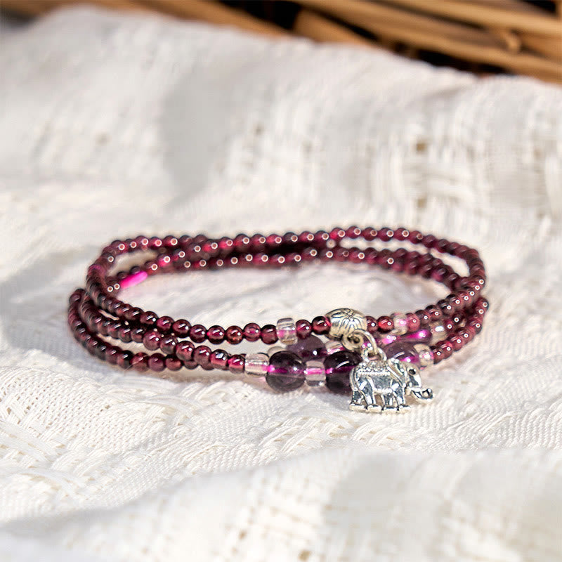 Wear FengShui Natural Garnet Elephant Abacus Lucky Bag PiXiu Protection Triple Wrap Bracelet