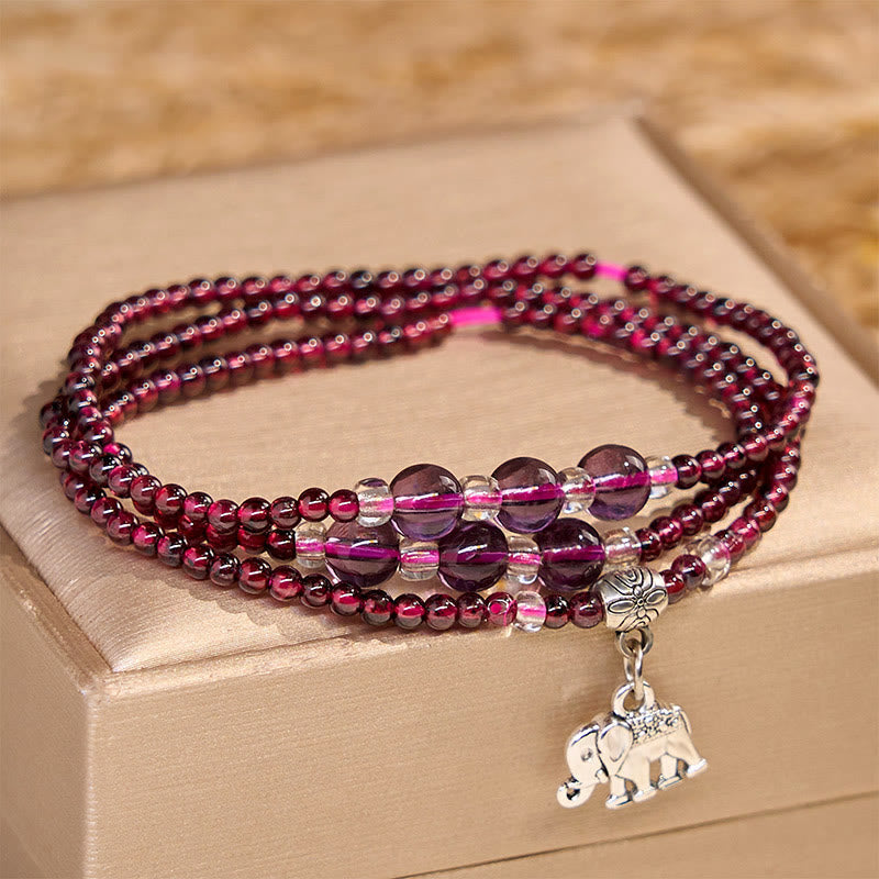 Wear FengShui Natural Garnet Elephant Abacus Lucky Bag PiXiu Protection Triple Wrap Bracelet