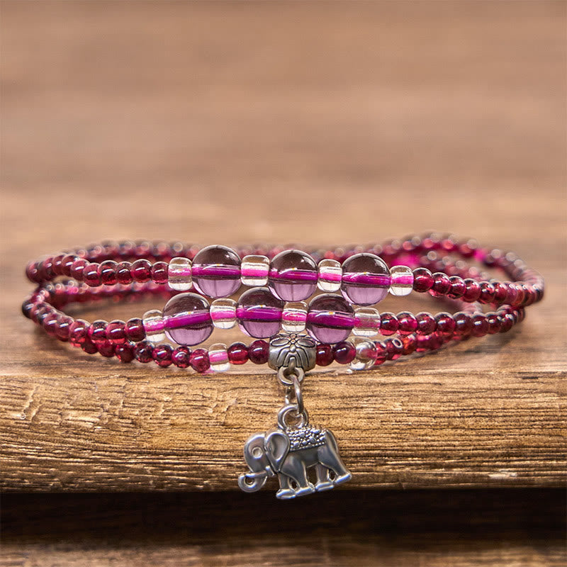 Wear FengShui Natural Garnet Elephant Abacus Lucky Bag PiXiu Protection Triple Wrap Bracelet