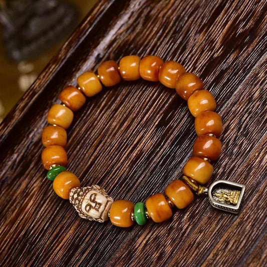 Wear FengShui Natural Tibetan Camel Bone Barrel Beads Buddha Head Luck Protection Bracelet