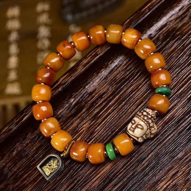 Wear FengShui Natural Tibetan Camel Bone Barrel Beads Buddha Head Luck Protection Bracelet