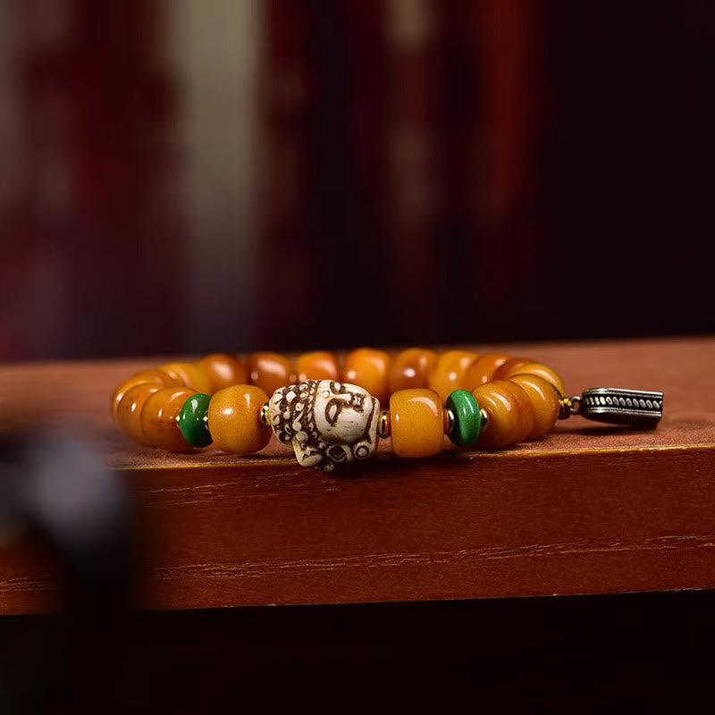 Wear FengShui Natural Tibetan Camel Bone Barrel Beads Buddha Head Luck Protection Bracelet