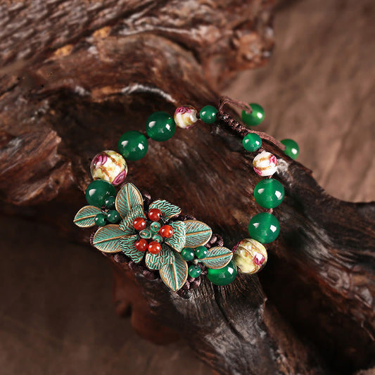 Wear FengShui Green Agate Glass Flower Beads Braided Knot Support Bracelet