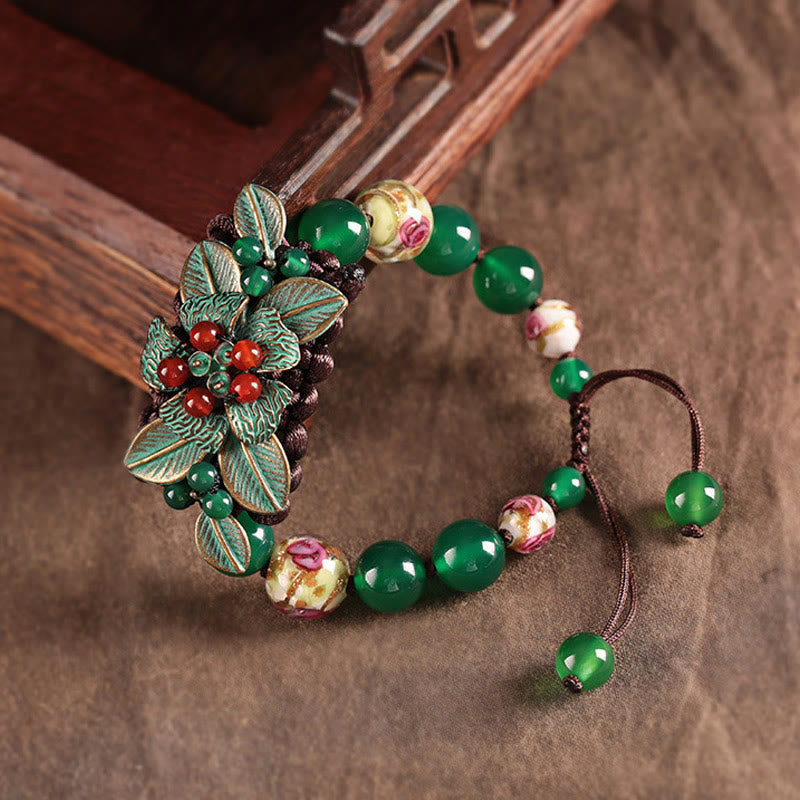 Wear FengShui Green Agate Glass Flower Beads Braided Knot Support Bracelet