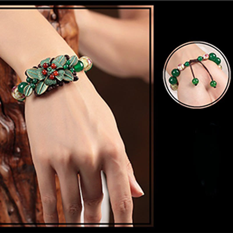 Wear FengShui Green Agate Glass Flower Beads Braided Knot Support Bracelet