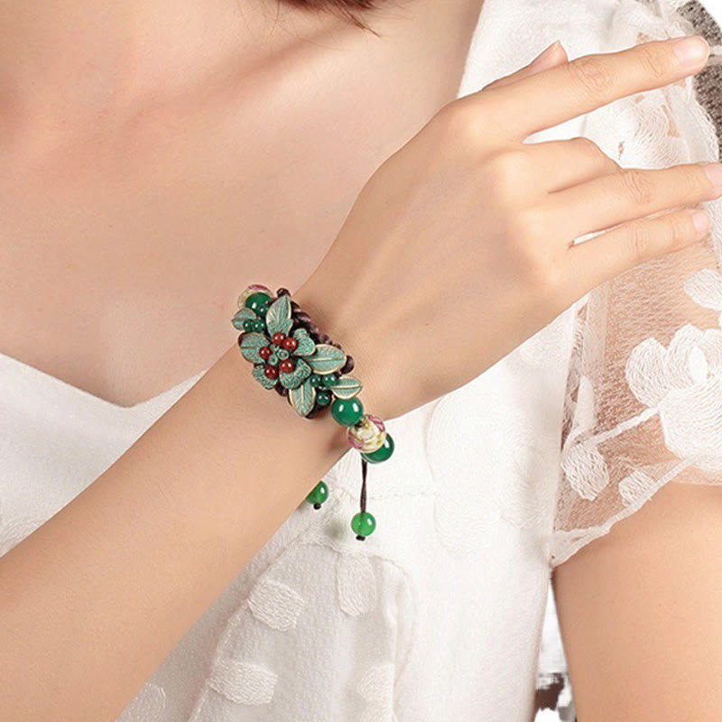 Wear FengShui Green Agate Glass Flower Beads Braided Knot Support Bracelet