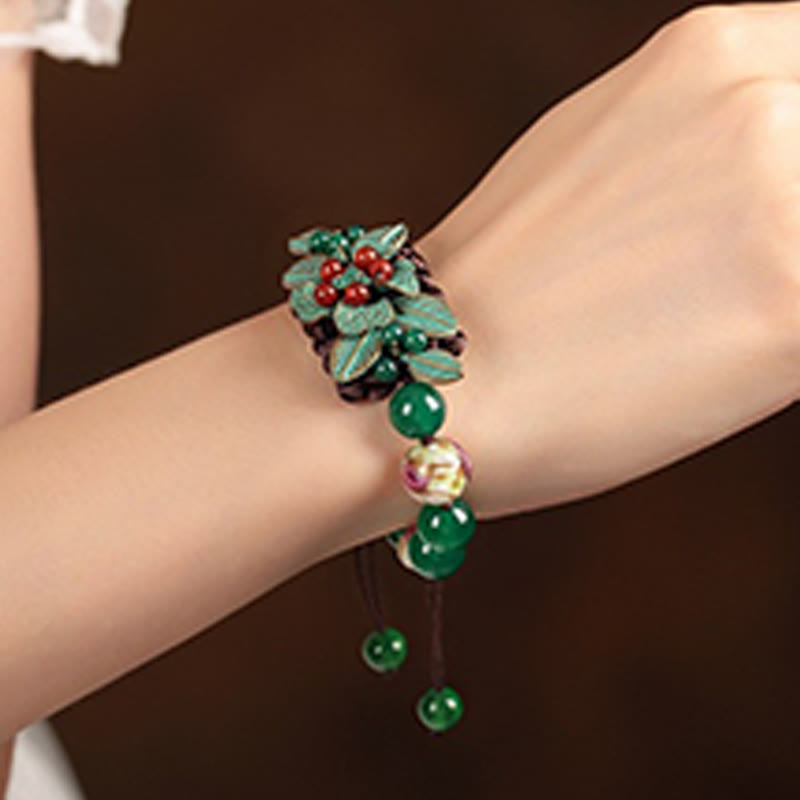 Wear FengShui Green Agate Glass Flower Beads Braided Knot Support Bracelet