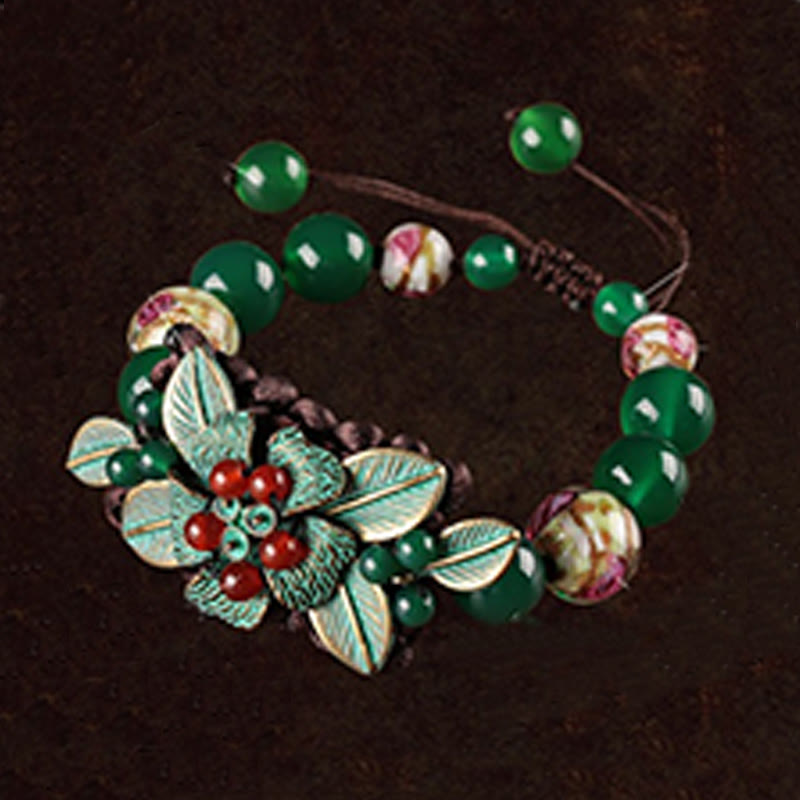 Wear FengShui Green Agate Glass Flower Beads Braided Knot Support Bracelet