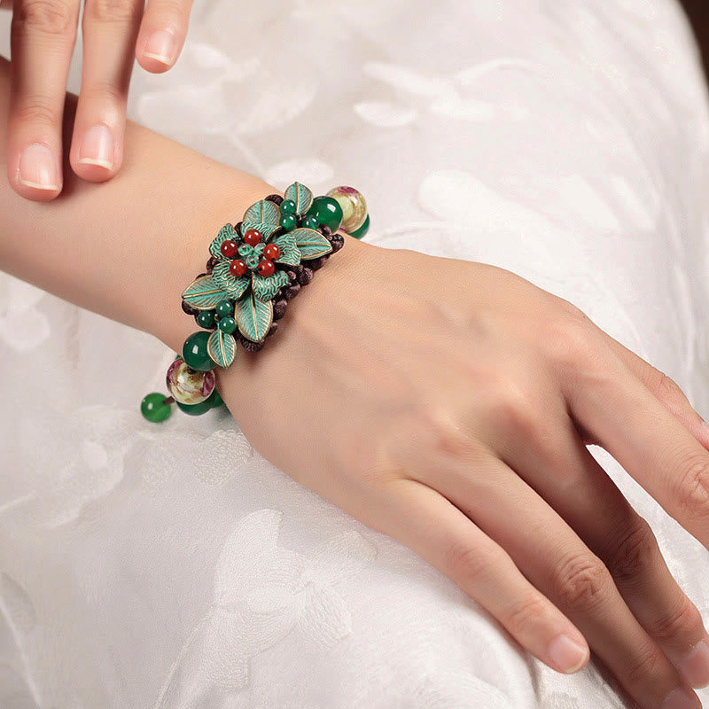 Wear FengShui Green Agate Glass Flower Beads Braided Knot Support Bracelet