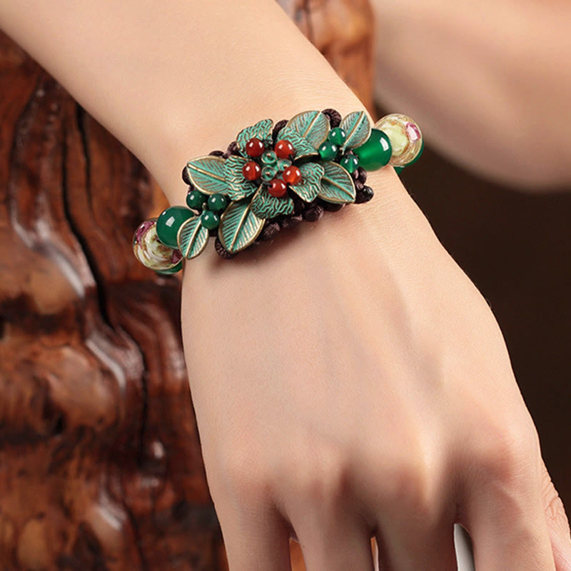Wear FengShui Green Agate Glass Flower Beads Braided Knot Support Bracelet