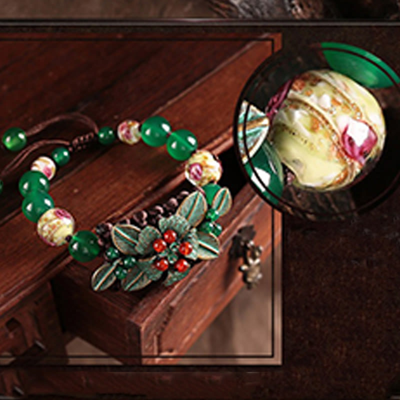 Wear FengShui Green Agate Glass Flower Beads Braided Knot Support Bracelet