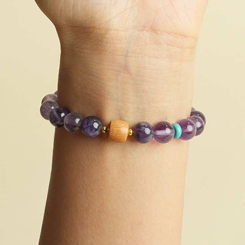 Wear FengShui Natural Amethyst Lucky Wooden Beads Peace Bracelet