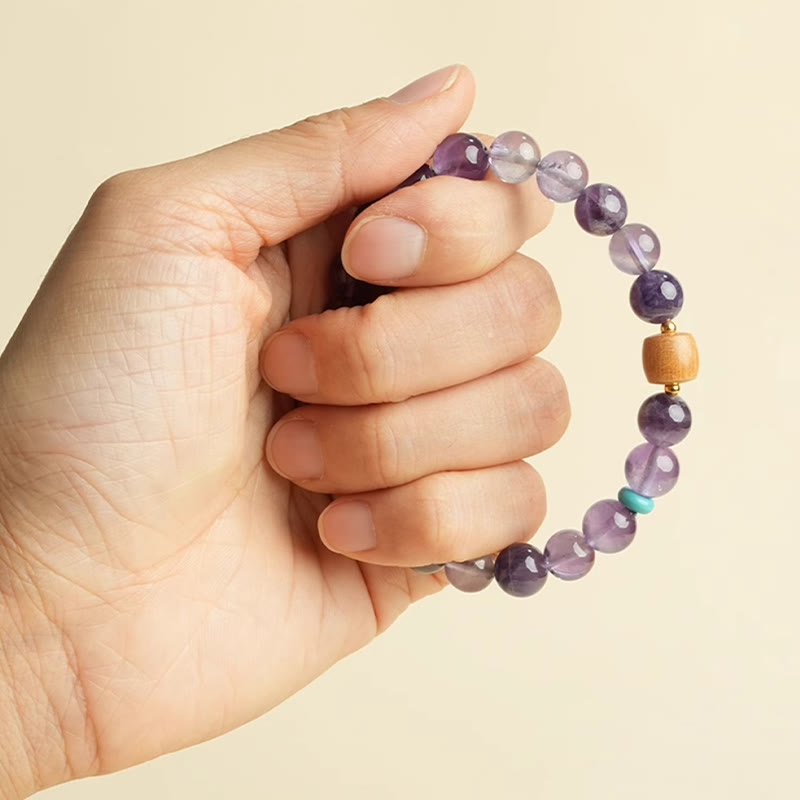 Wear FengShui Natural Amethyst Lucky Wooden Beads Peace Bracelet