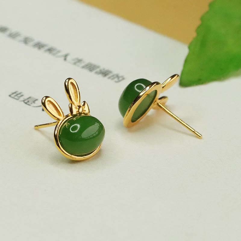 Wear FengShui 925 Sterling Silver Hetian Cyan Jade Cute Rabbit Luck Stud Earrings