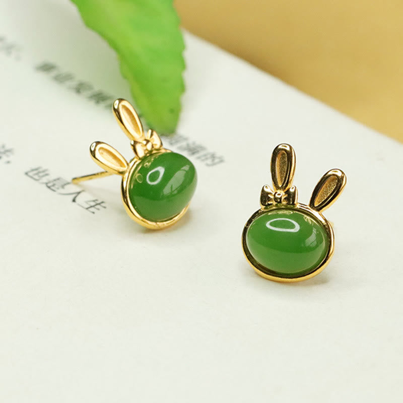 Wear FengShui 925 Sterling Silver Hetian Cyan Jade Cute Rabbit Luck Stud Earrings