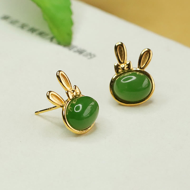 Wear FengShui 925 Sterling Silver Hetian Cyan Jade Cute Rabbit Luck Stud Earrings