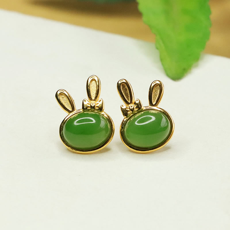 Wear FengShui 925 Sterling Silver Hetian Cyan Jade Cute Rabbit Luck Stud Earrings