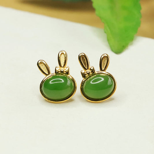 Wear FengShui 925 Sterling Silver Hetian Cyan Jade Cute Rabbit Luck Stud Earrings