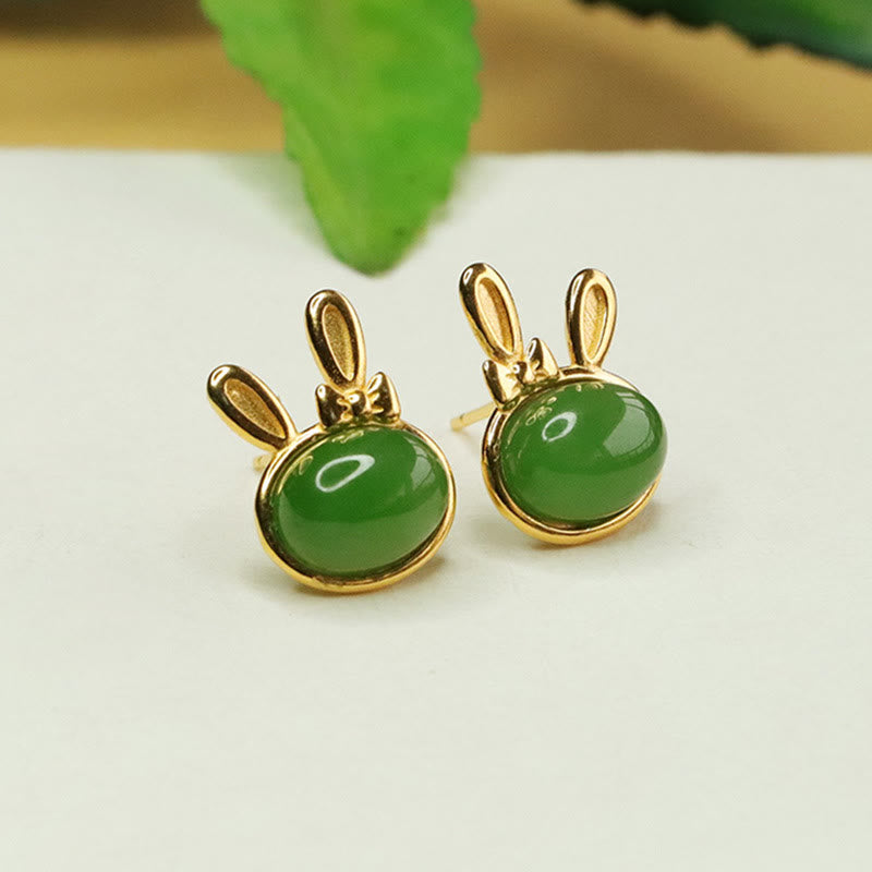 Wear FengShui 925 Sterling Silver Hetian Cyan Jade Cute Rabbit Luck Stud Earrings