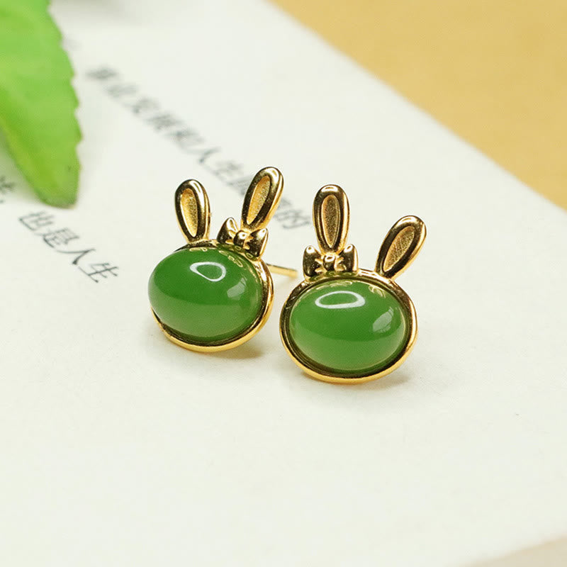 Wear FengShui 925 Sterling Silver Hetian Cyan Jade Cute Rabbit Luck Stud Earrings