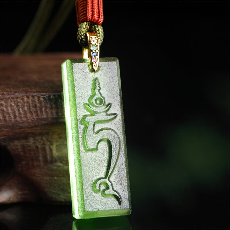 Wear FengShui Tibetan Green Tara Medicine Buddha Sanskrit Pattern Liuli Crystal Protection Necklace Pendant